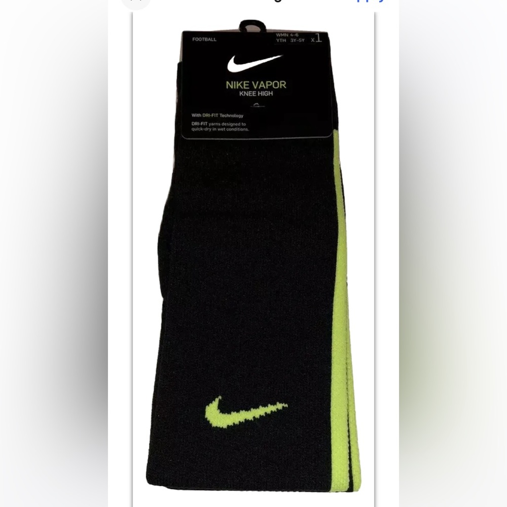 Nike Vapor Knee High Football Socks 1 Pair Women 4-6 Youth 3Y-5Y Black Volt NEW!